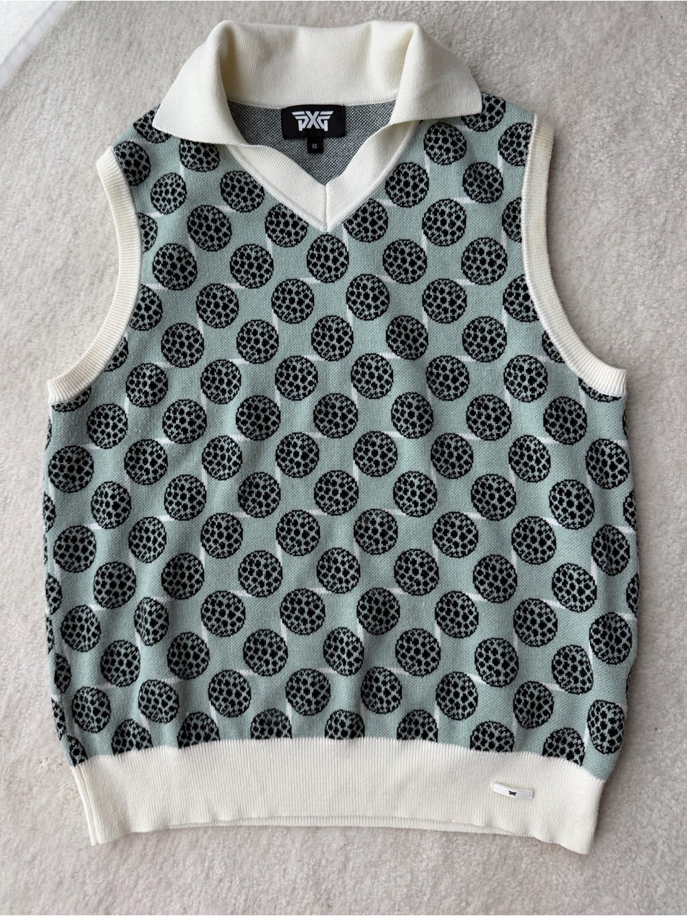 PXG Mint Green and Black Pennis Balls Patterned V-Neck Knit Vest with Ivory Trim